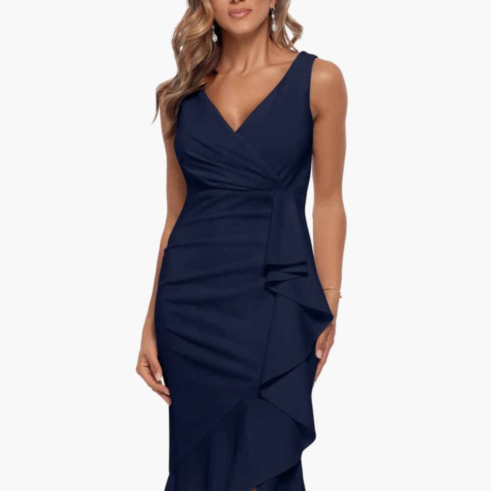 Betsy & Adam V-Neck Cascade Ruffle High-Low Gown (Women) 16